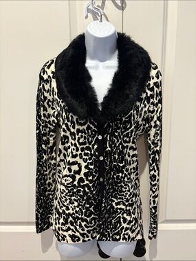 Leopard Print Faux-Fur Removable Collar Cardigan Blazer - Black & Cream